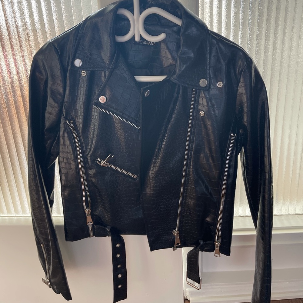 Faux Leather Moto Jacket with Embossed croc